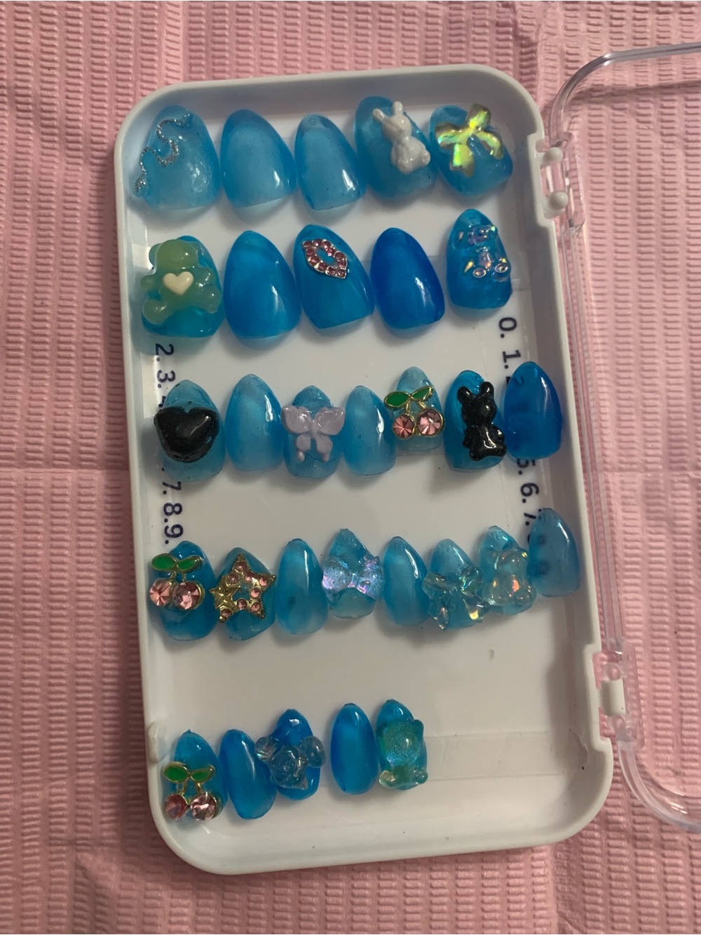 Blue Crystal Press-On Nail Set with 3D Accents